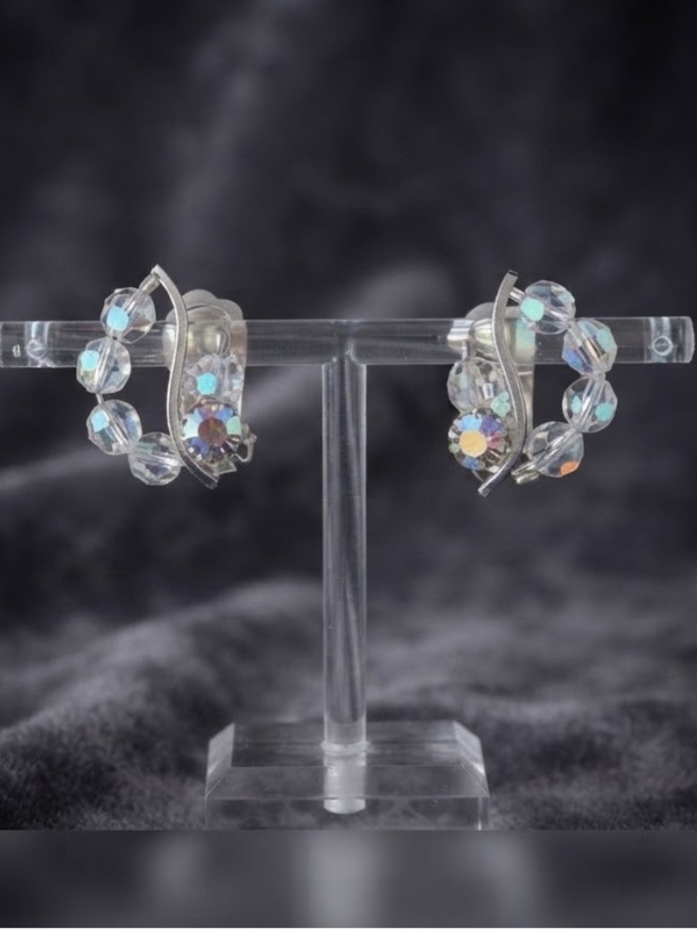 Vintage Continental Aurora Borealis Rhinestone Crystal Clip-On Earrings